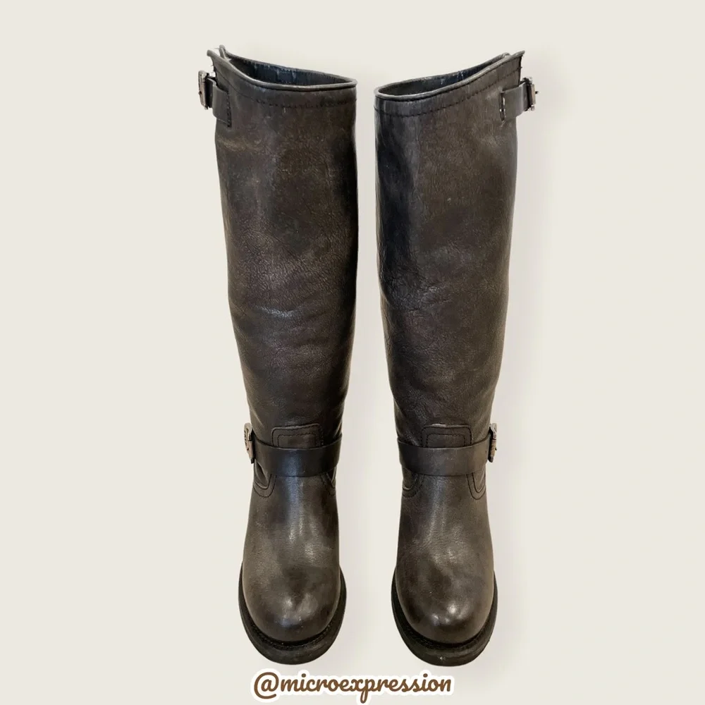 Frye Vera Slouch Grey Black Leather Block Heel Moto Knee High Tall Buckle Boot - Picture 7 of 13